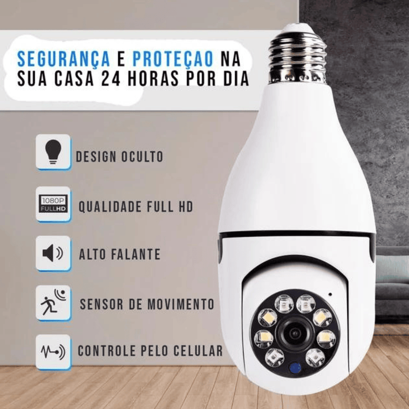 Camera Lâmpada Wifi Ip Segurança Panorâmica Giratória 360 1080P com Visão Noturna